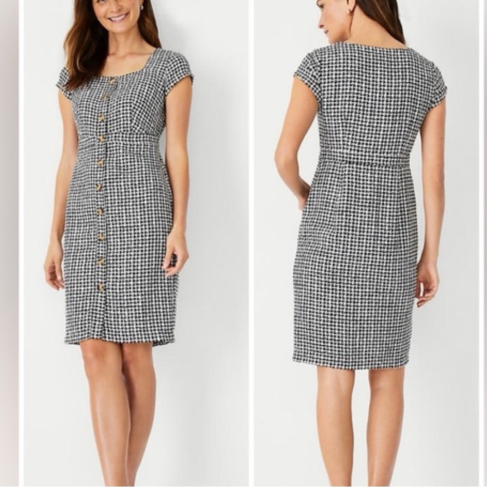 Ann Taylor Gingham Tweed Button Front Sheath Dress Size 16